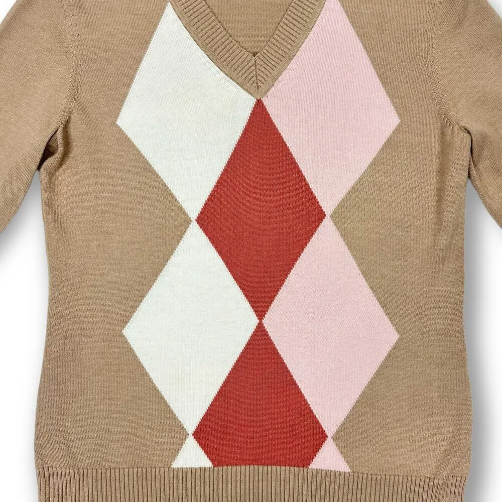 Van Heusen Vneck Argyle Diamond Lightweight Sweater Light Academia Tan Small - Image 3
