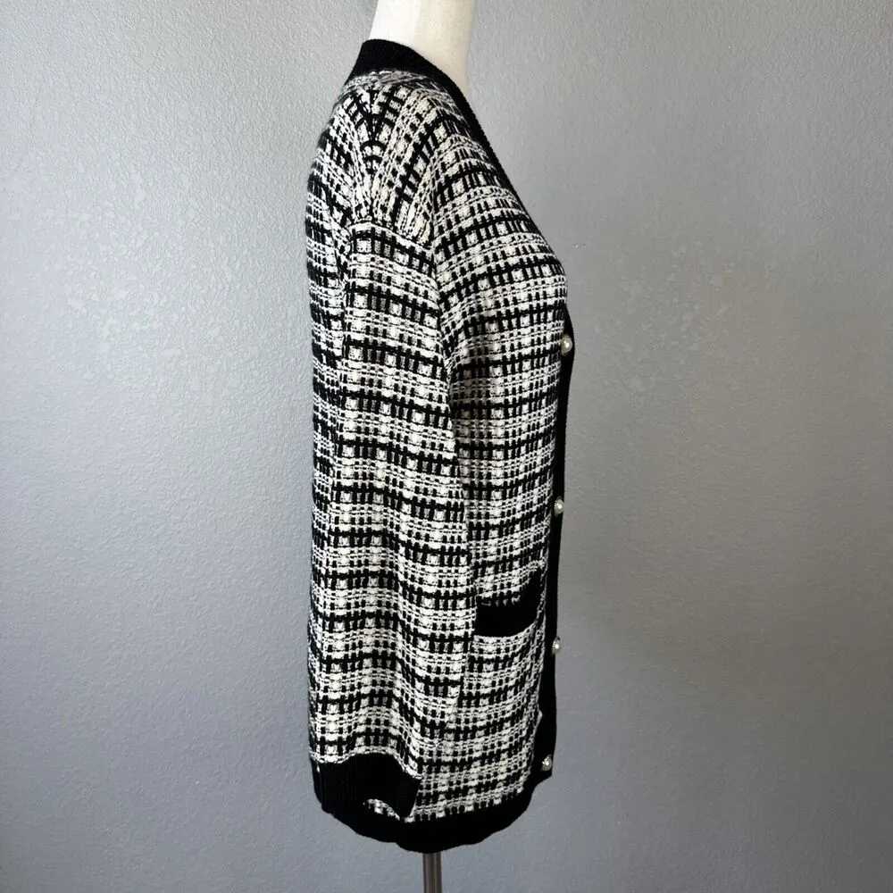 Babaton Lacer Cardigan Sweater Size 2XS Ivory Black Tweed Plaid Merino Wool Knit - Image 7