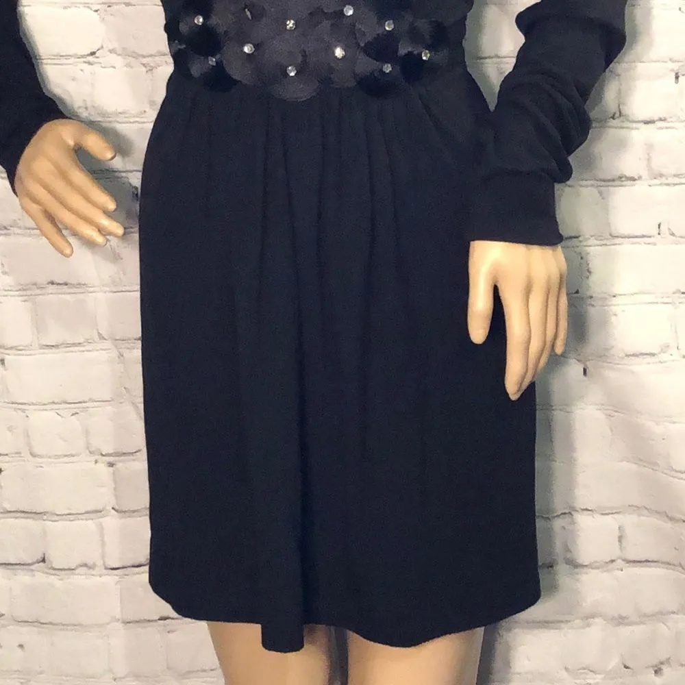 Ann Taylor Loft Black Vneck Dress W/ Attached Belt Rhinestones Medium M - Image 4