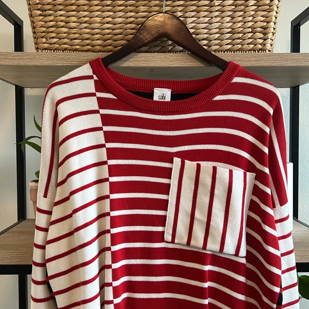 CAbi Vivien #5635 Boxy Fit Crewneck Striped Pocket Sweater, S - Image 3