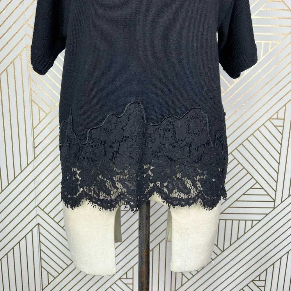 Ramy Brook‎ Black Crochet Lace Hem Wool Turtleneck Sweater Size US Medium - Image 4