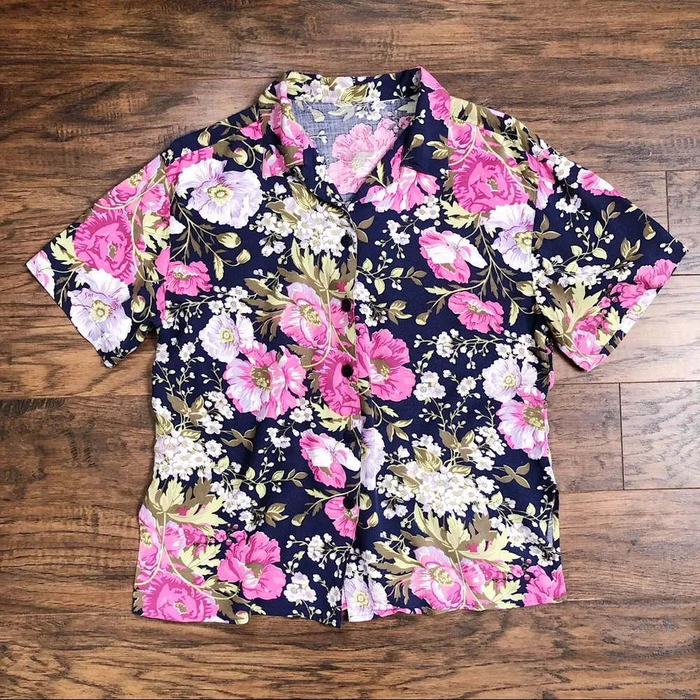 vintage • 80s floral button down blouse shirt short sleeve pink navy print Size M - Image 3