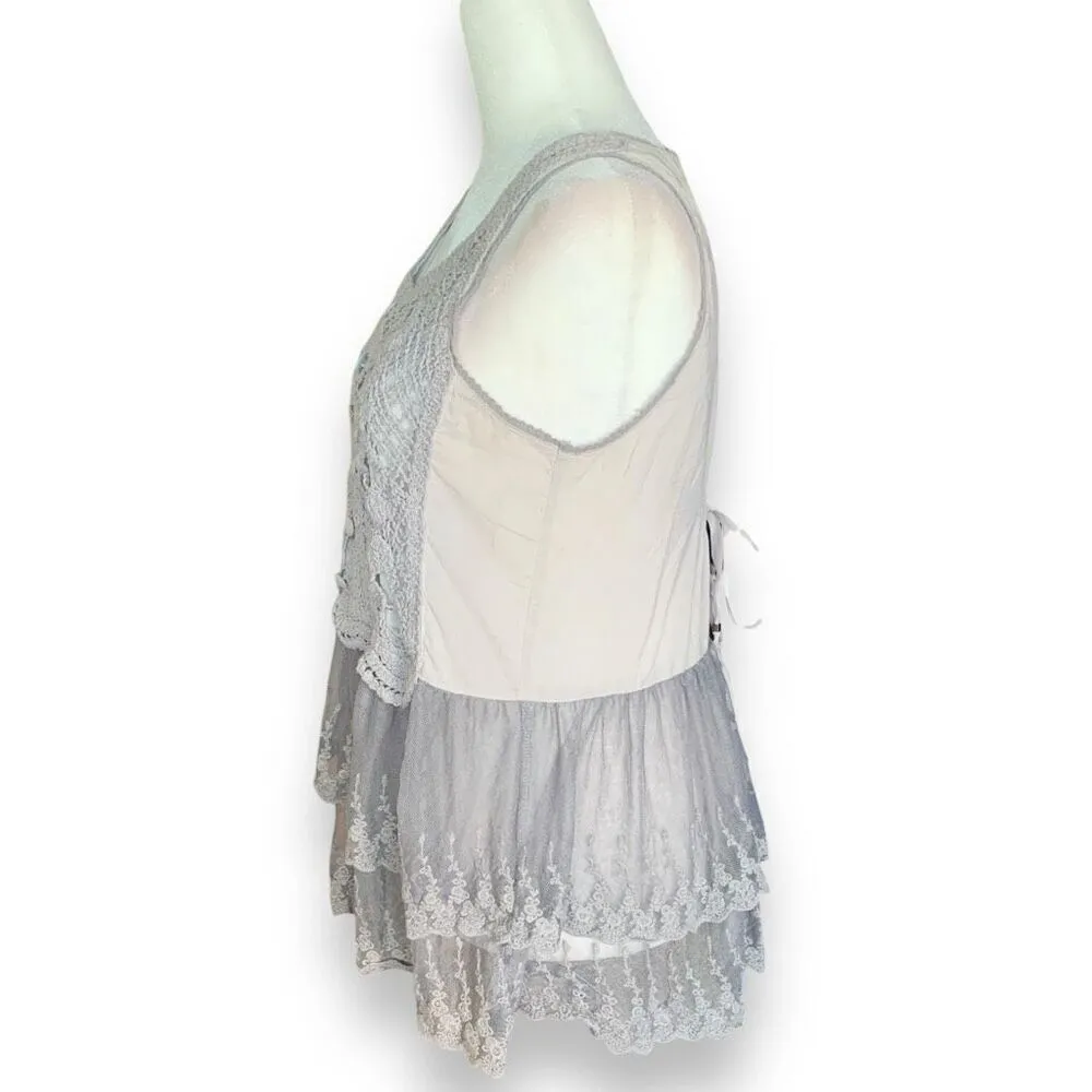 Cecico Top Gray Crocheted Gauzy Sheer Mesh Layered Tank Size Medium Boho - Image 4