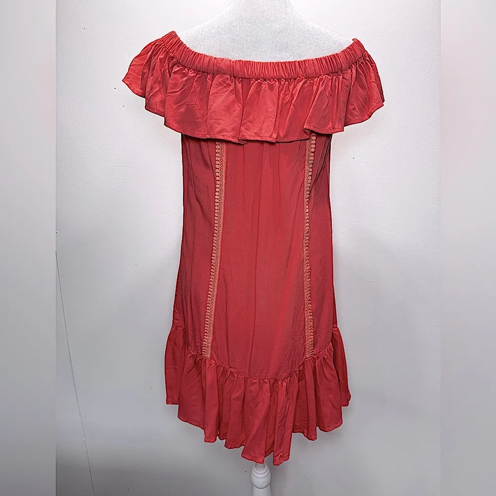 TCEC Coral Off Shoulder Dress Peach Circle Lace Detail Ruffle Hem Feminine Boho - Image 7