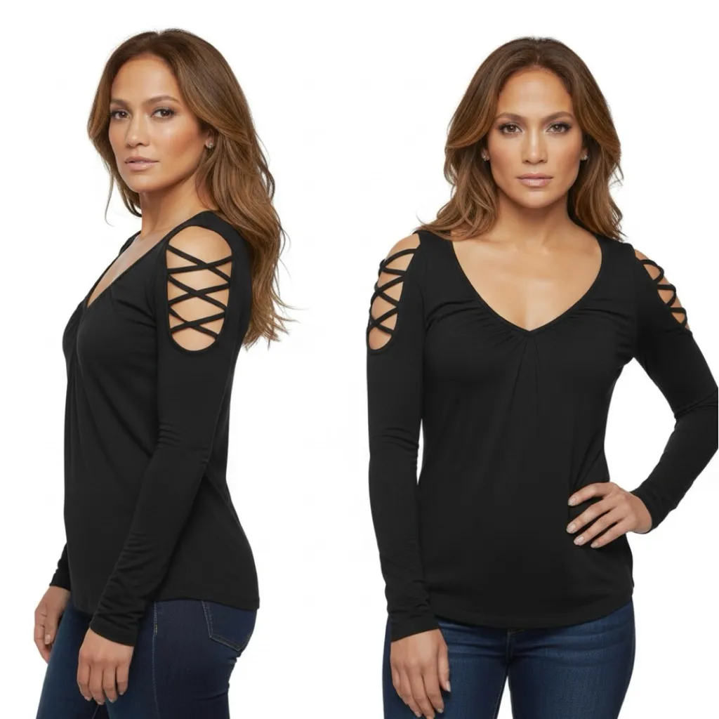 Jennifer Lopez Top Black Lattice Sleeve Metallic Shimmer Top S Cocktail Party - Image 2