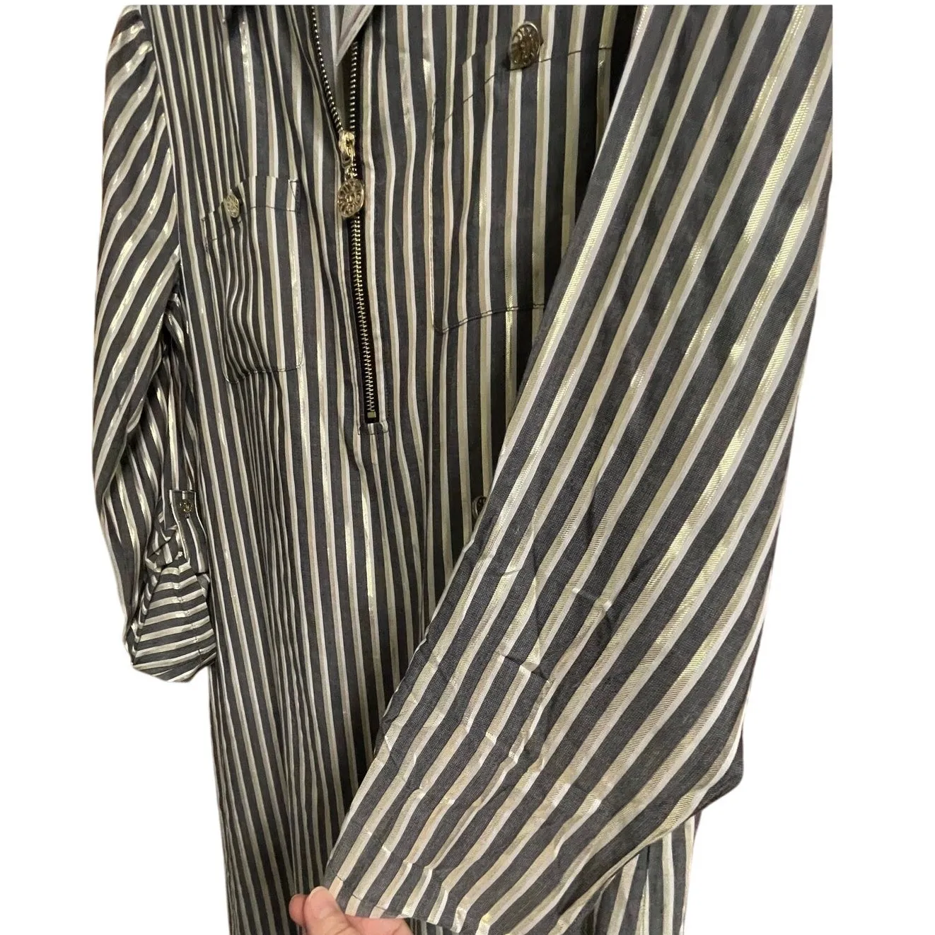 Anne Klein Gray with Gold Metallic Striped Shirt Dress size 6 - Image 10