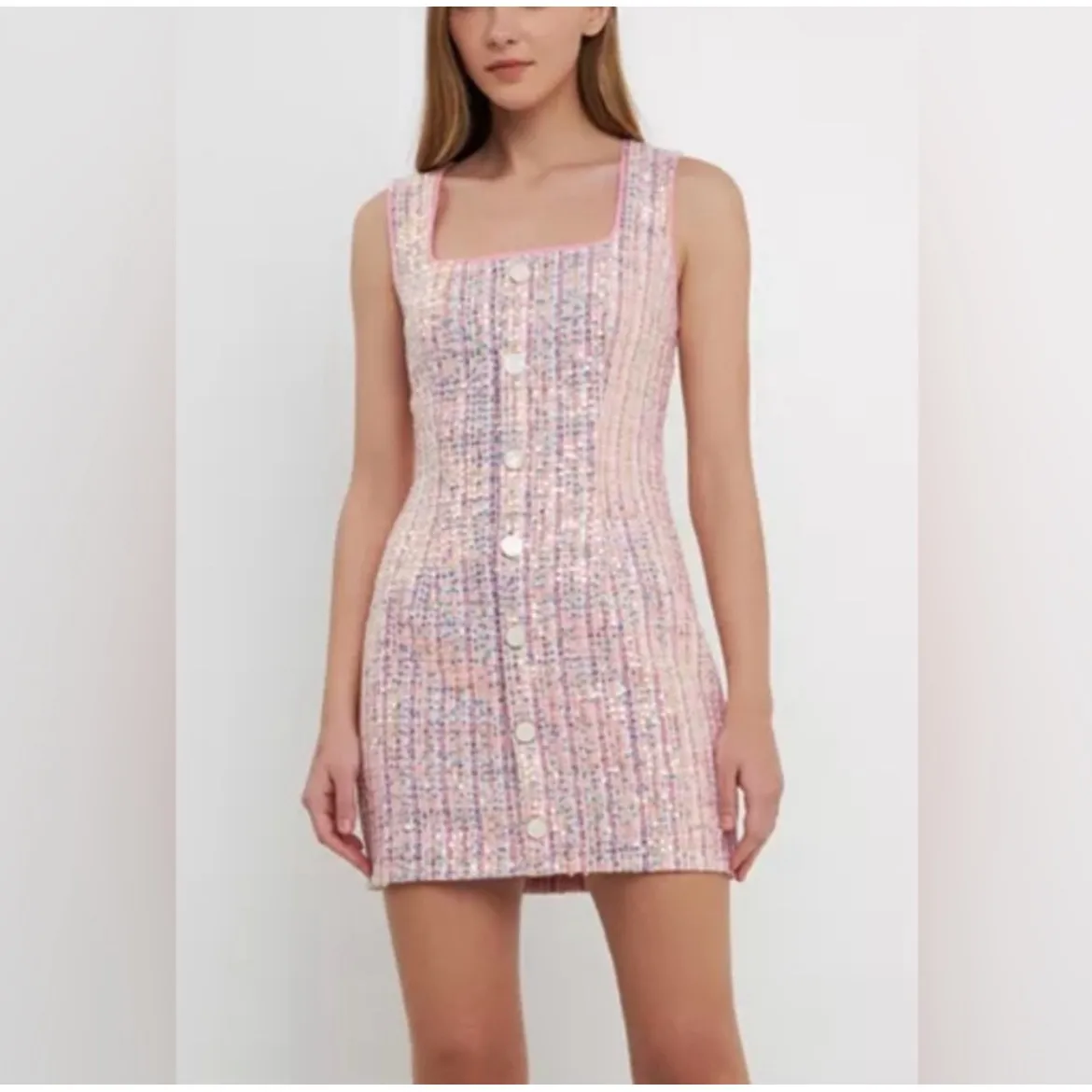 Tweed Mini Dress Sleeveless Button Front‎ Pink Party Cocktail - Image 2