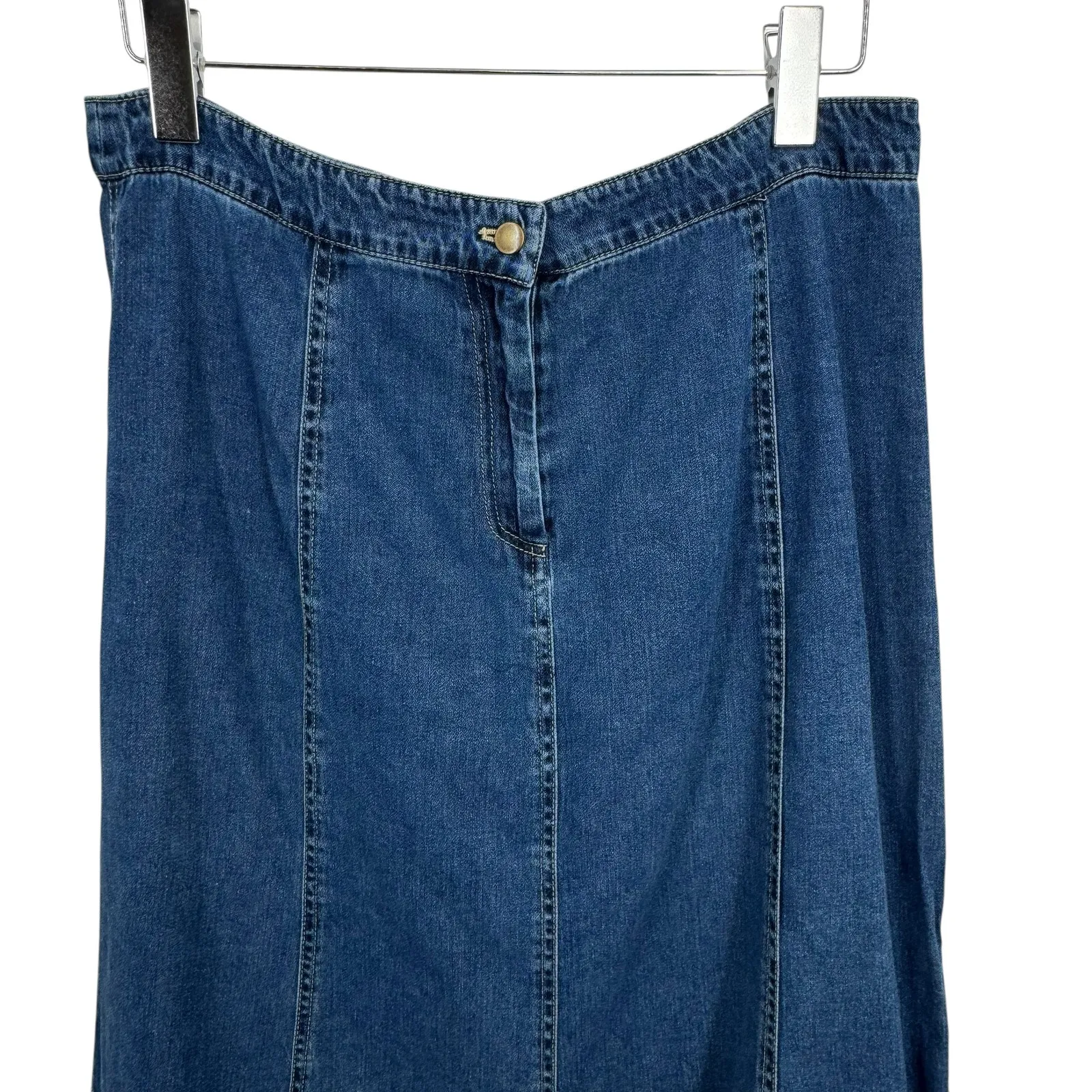 Cynthia Max denim skirt 16 flare A line mermaid zip front midi medium wash blue - Image 2