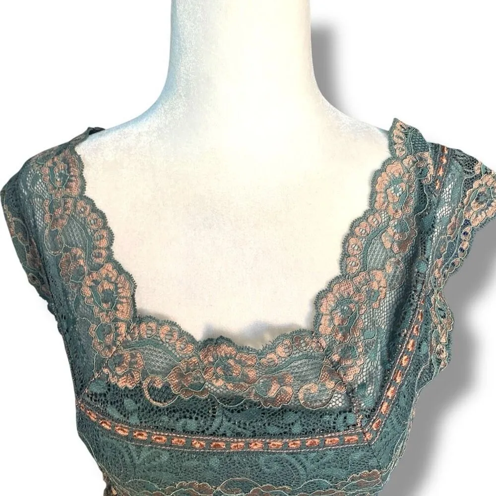 Ann Ferriday Sage Green Sheer Lace Overlay Tunic Top Square Neck Feminine Blouse Tan - Image 7