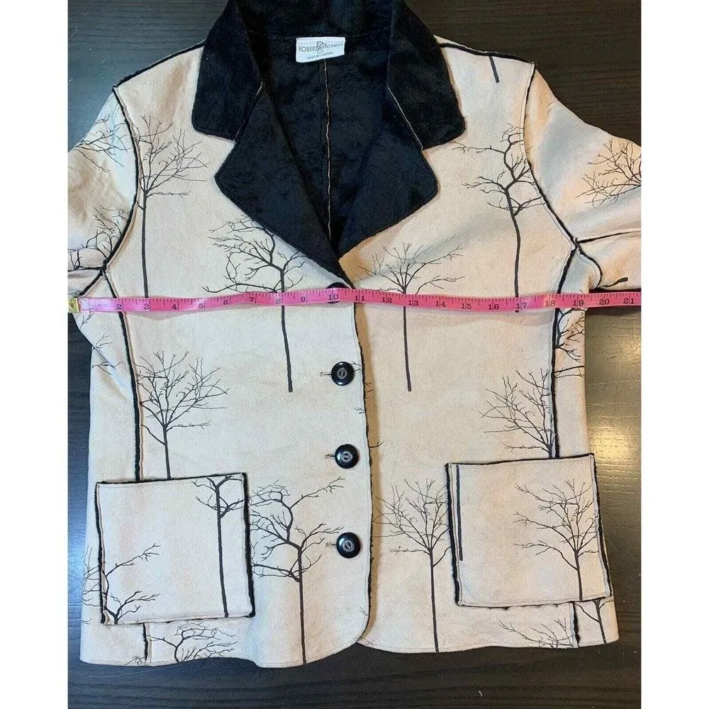 Robert Kitchen Suede Jacket Women's Small Canada Coat Faux Fur‎ Cream Trees Black - Image 9
