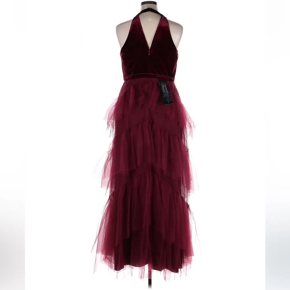 BCBGMAXAZRIA Keyhole Back Velvet & Tiered Tulle Dress, Cabernet Burgundy XL - Image 4
