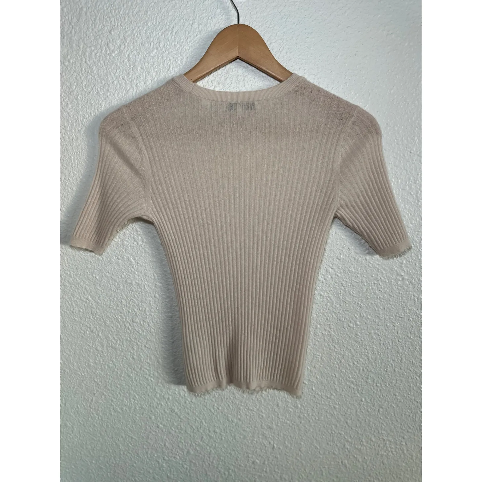 Vince Ribbed Knit Short Sleeve Sweater Top Beige Cashmere Blend XS - Image 2