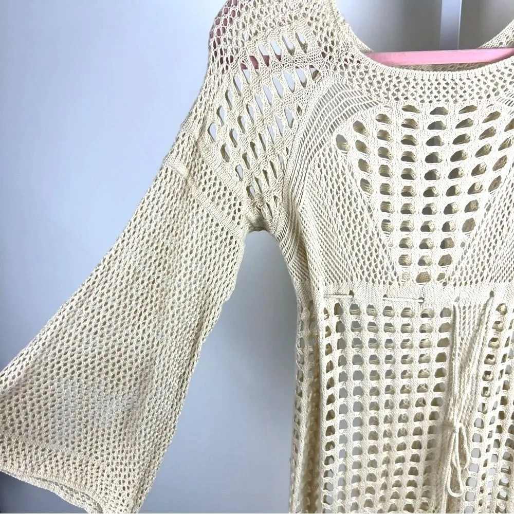 Boho Crochet Sheer Neutral Knit Dress M/L Coastal Cowgirl Beach Festival Size M - Image 3