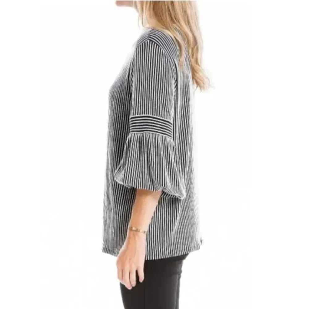 Max Studio Striped 3/4 Sleeve Tunic Top Black Ivory - Image 2