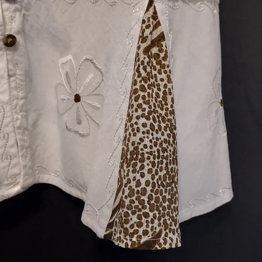 Raya Sun White Brown Button Front Floral Embroidery Animal Print Mini Swim Dress - Image 4