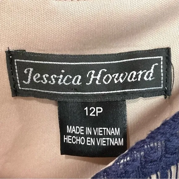 Jessica Howard Lace Shift Dress Navy Evening Layered Sz 12 Petite 3/4 Sleeve - Image 3