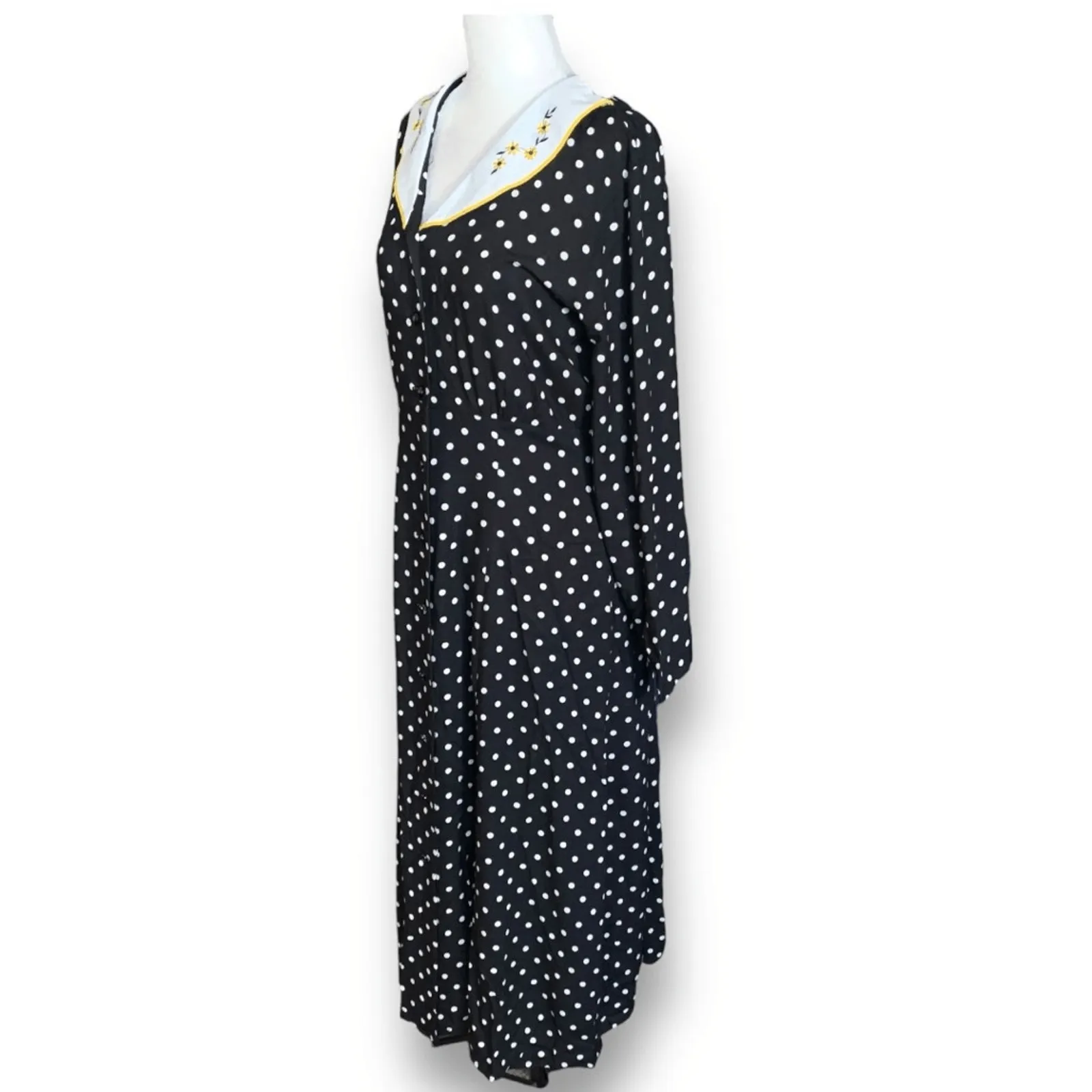 Vintage 90s Karlie & Company Polka Dot Midi Dress Embroidered Floral Collar Black Size 8 - Image 5