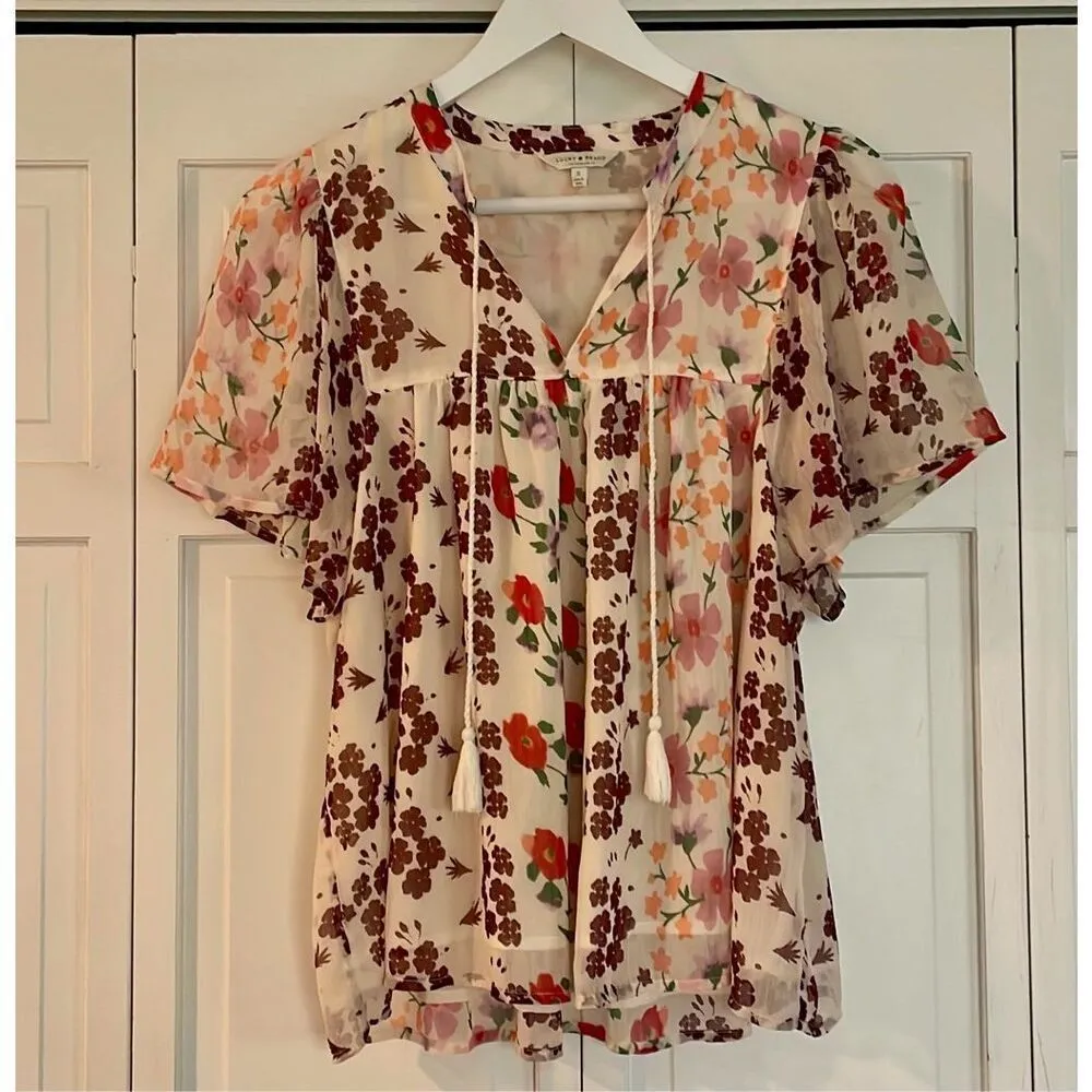 Lucky Brand floral flowy short sleeve blouse size small - Image 3