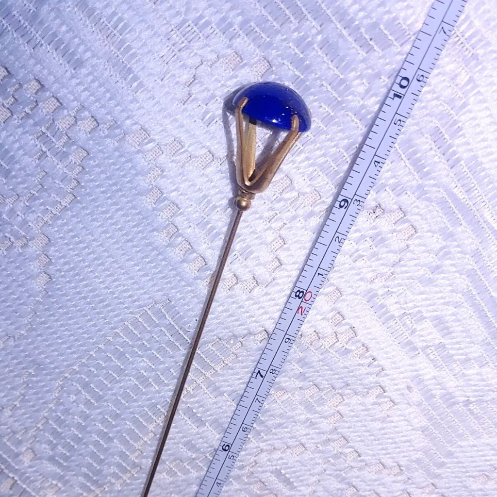 Long Hat Dress Pin Vintage Brass Blue Lapis Glass Bead Gold Tone Straight Dome - Image 4