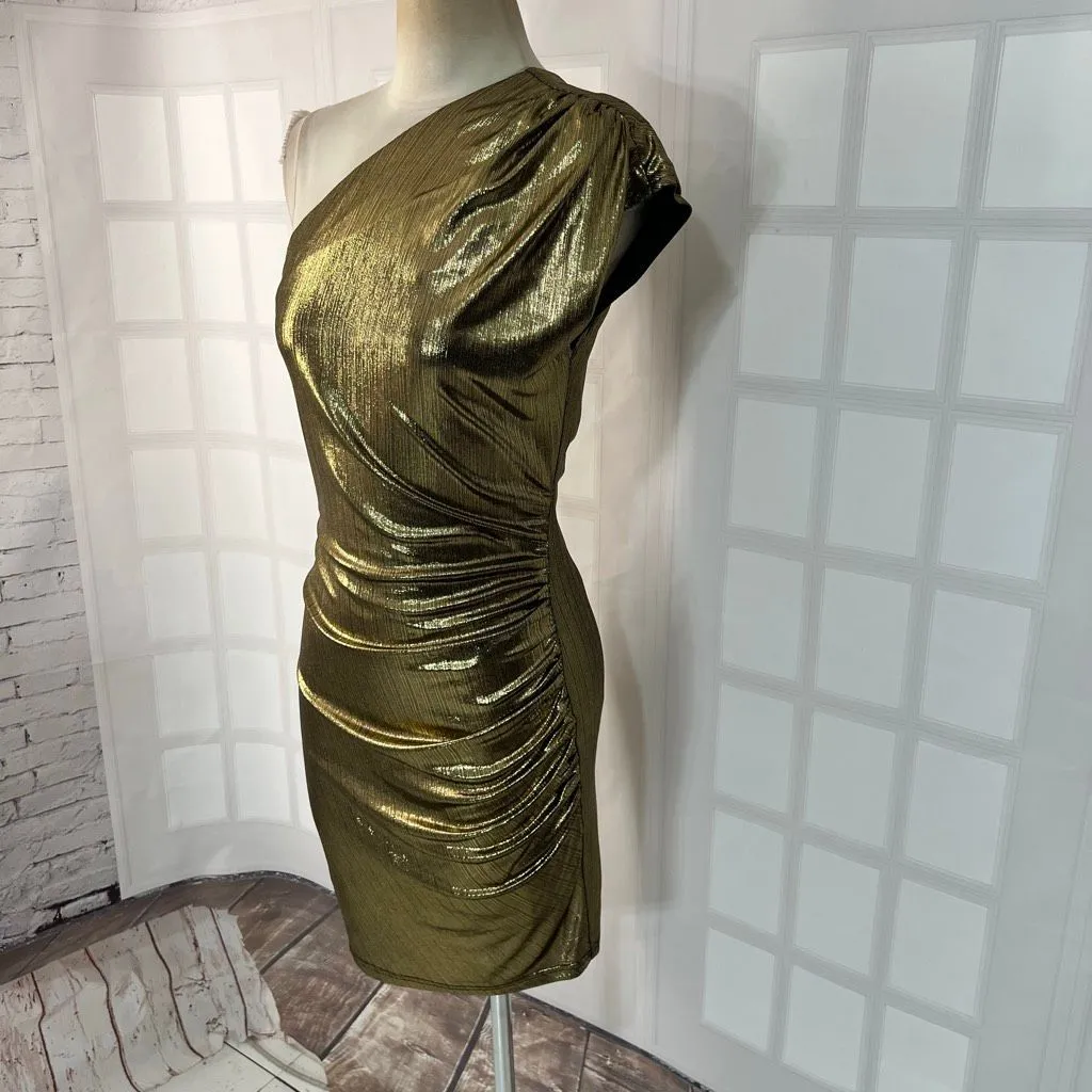 Grace Karin gold one shoulder side ruched cocktail dress size small - Image 2