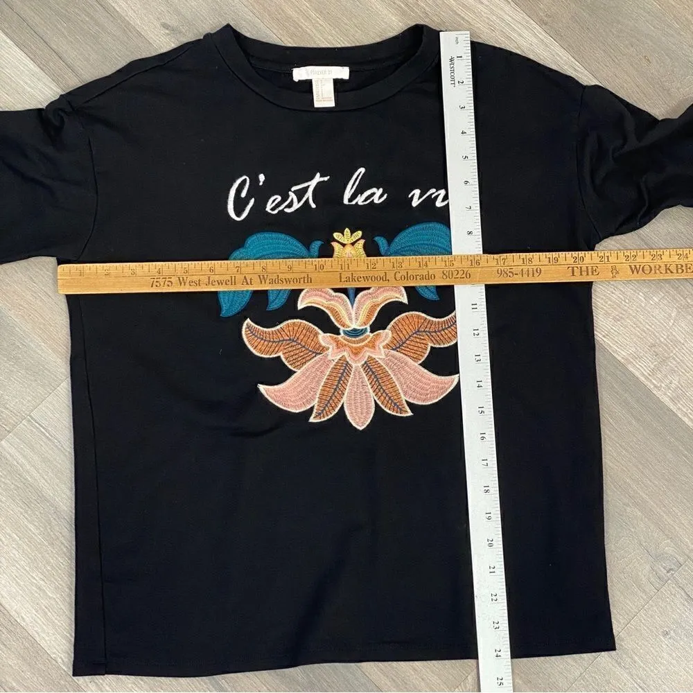 Forever 21 Embroidered Fluer-De-Lis Sweatshirt Top Black Small - Image 11