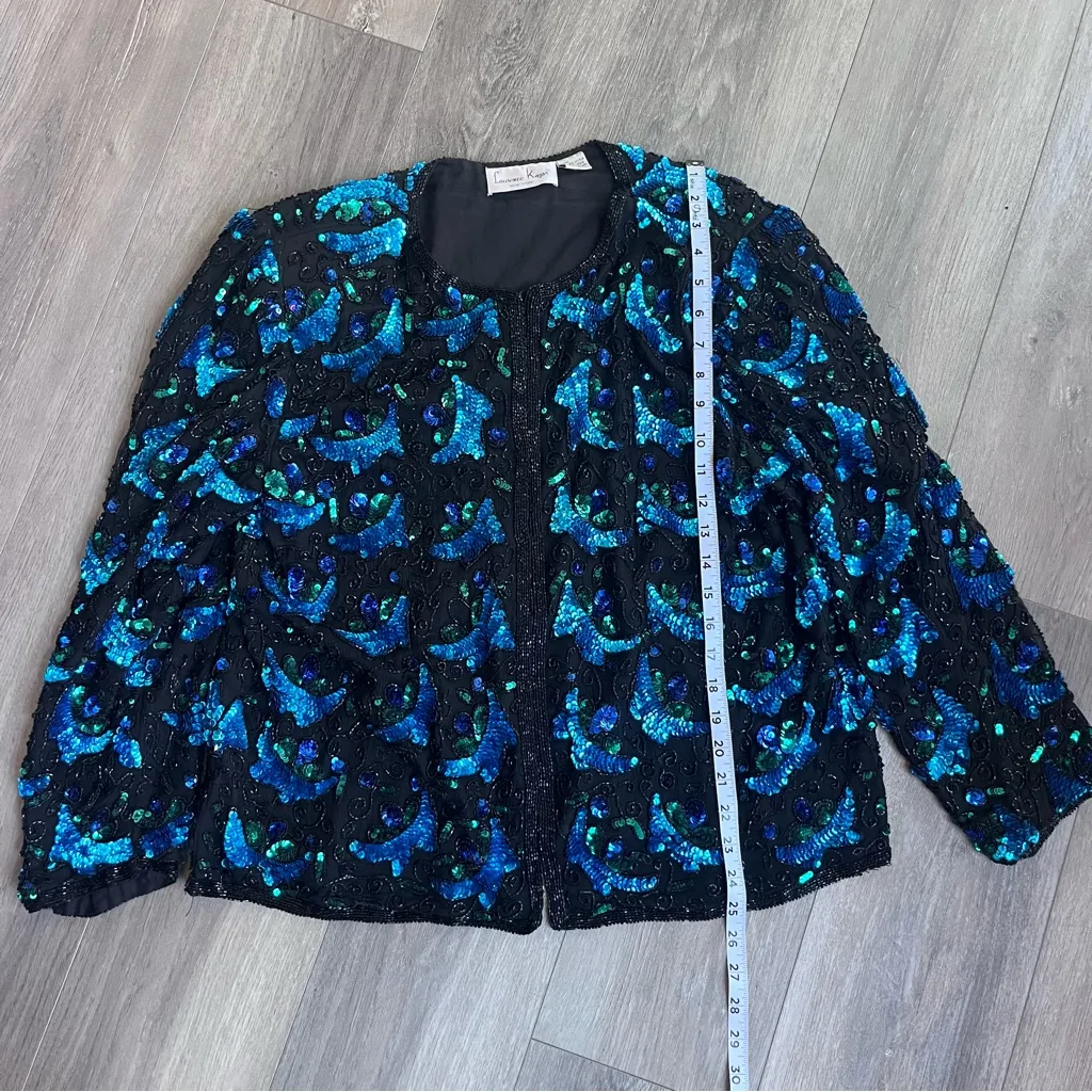 Vintage Laurence Kazar Black and Blue Sequin Beaded Blazer Jacket XL - Image 9