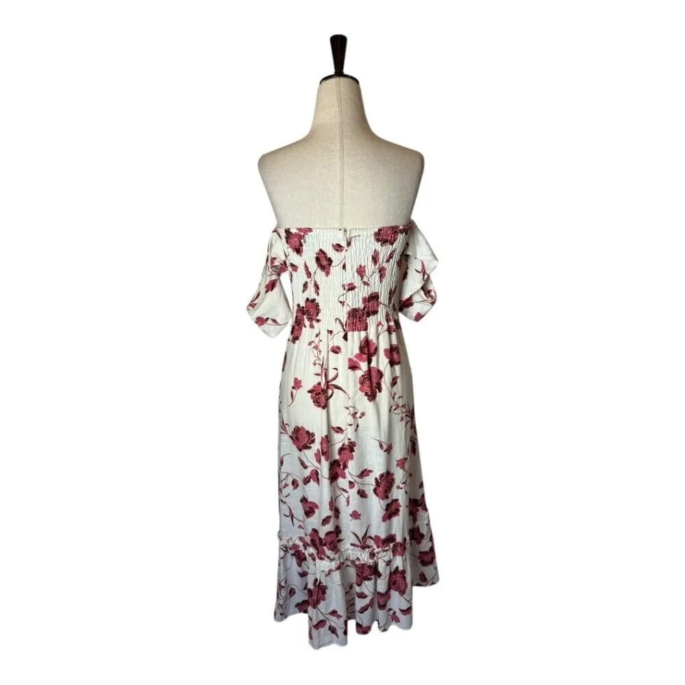 Misa Los Angeles Dress Women XS White‎ Red Abstract Peony Floral Linen Oona Midi - Image 3