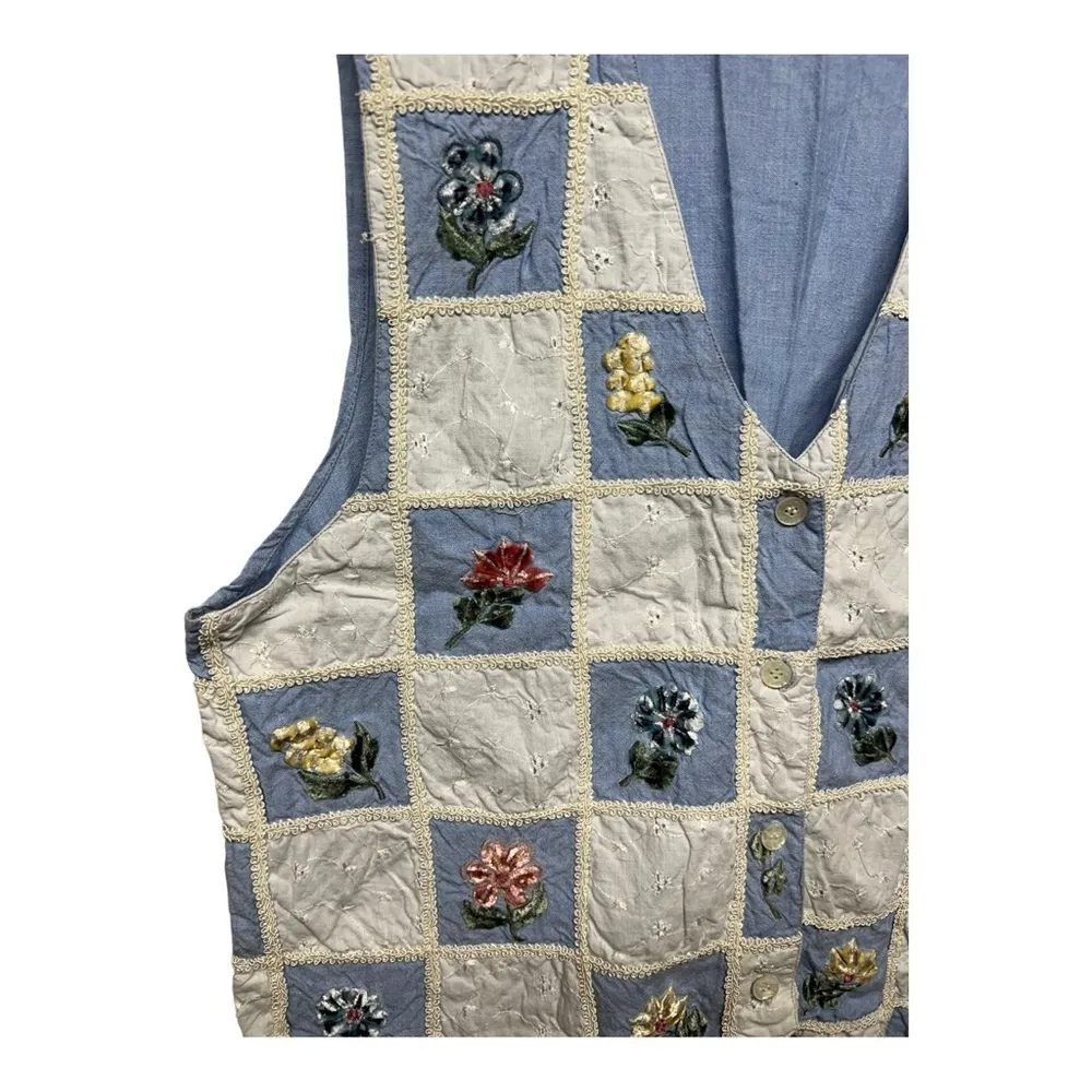 Vintage Tantrums Embroidered Floral Vest | Grandma Core Cottagecore 1X Plus Blue - Image 2