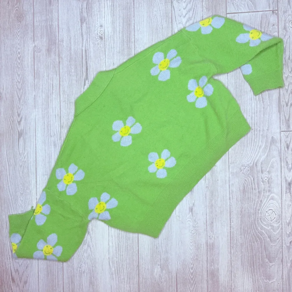 Floral Daisy Knit shirt Smiley Faces Retro Y2K Cropped Cardigan Sweater OS / xl White - Image 3