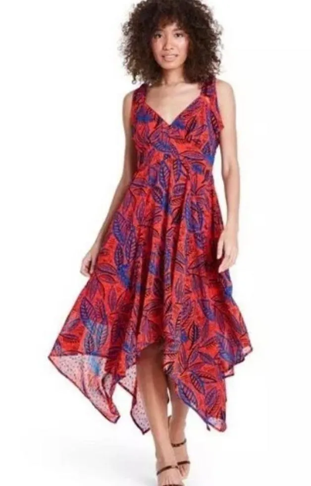 Alexis For Target Dress Small Tropical Leaf Tie Strap Asymmetrical Orange NWT - Image 2