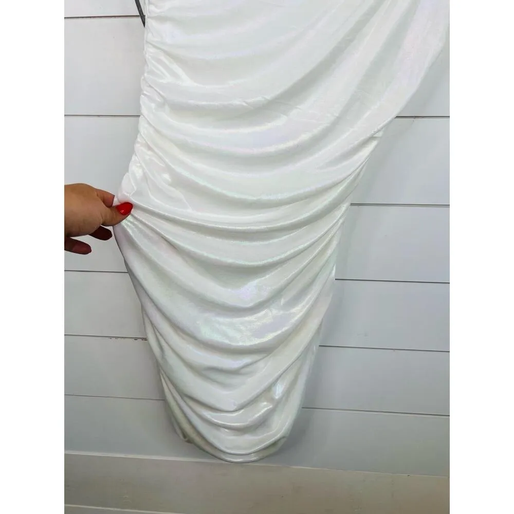 Ivy Blu White Ruched Sleeveless Shimmery Fabric One Shoulder Bodycon Dress US 14 - Image 8