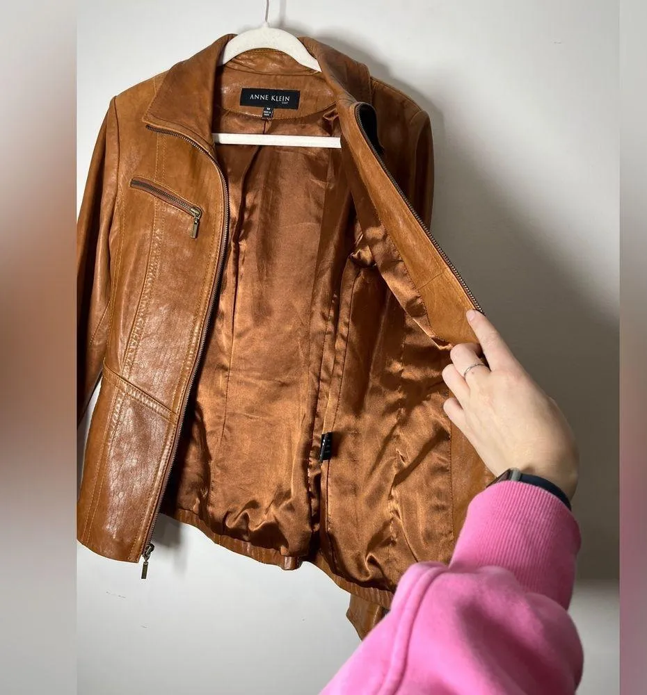 Vintage Anne Klein Longer Line Camel Faux Belted Leather Jacket Sz M - Image 9