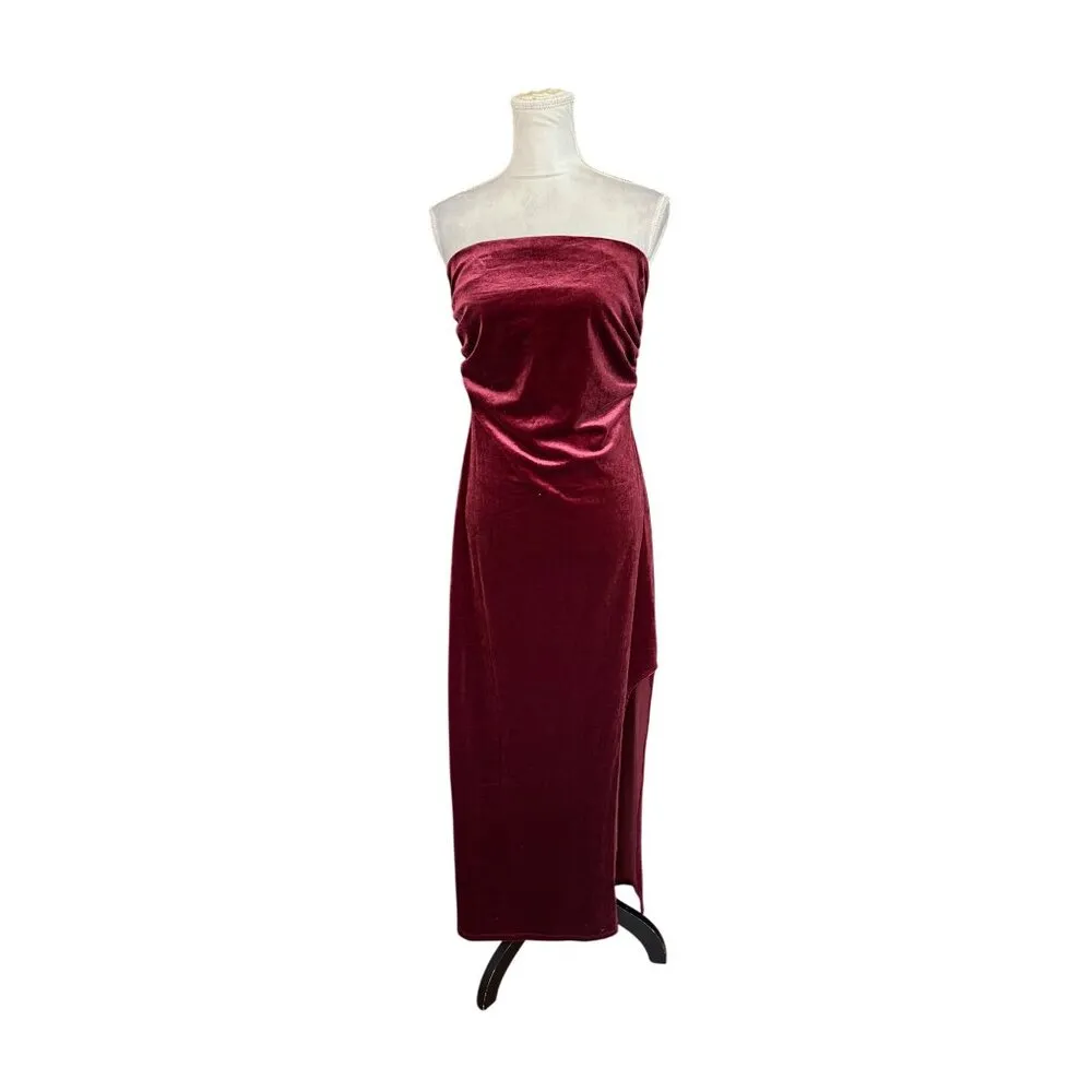 Wild Fable Ruched Velvet Strapless Midi Dress Deep Red Thigh Slit Size M NWT - Image 7