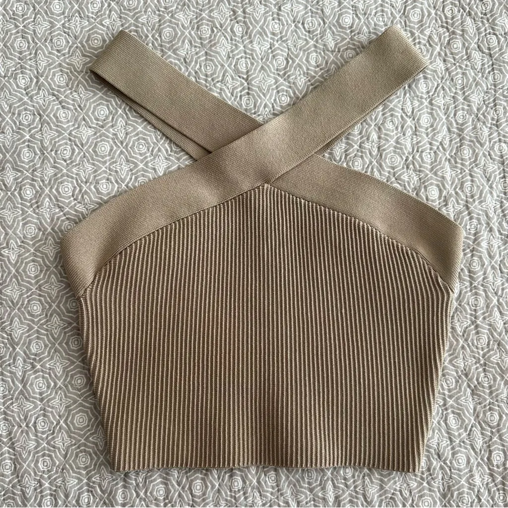 Aritzia Babaton Sculpt Knit Criss Cross Ribbed Cropped Tank Top Tan Beige Size S - Image 5