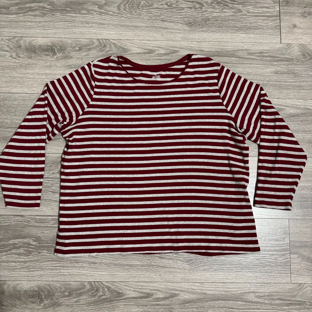 CJ‎ Banks Plus Women Burgundy Gray Striped Long Sleeve Crew Neck Top Size 2X Red - Image 9