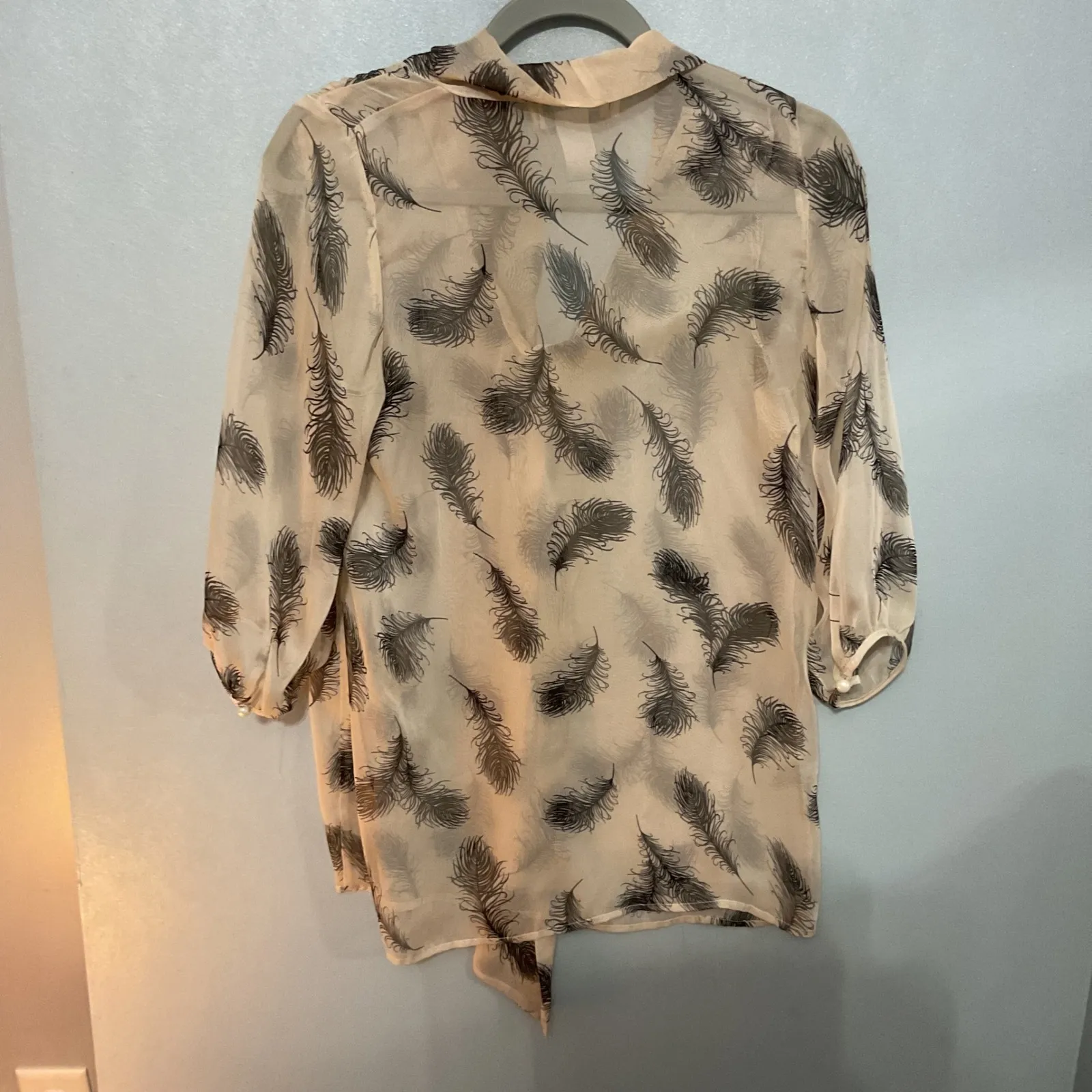 Criss Cross Feather Print Sheer Blouse Women's Medium Lightweight Bow Neck Black - Image 2