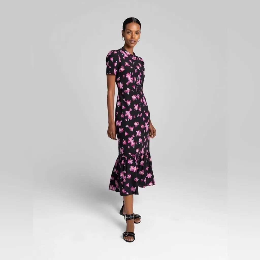 Dylan Floral Flounce Button-Up Midi Dress in Pink Floral Multi Sz 4 - Image 3