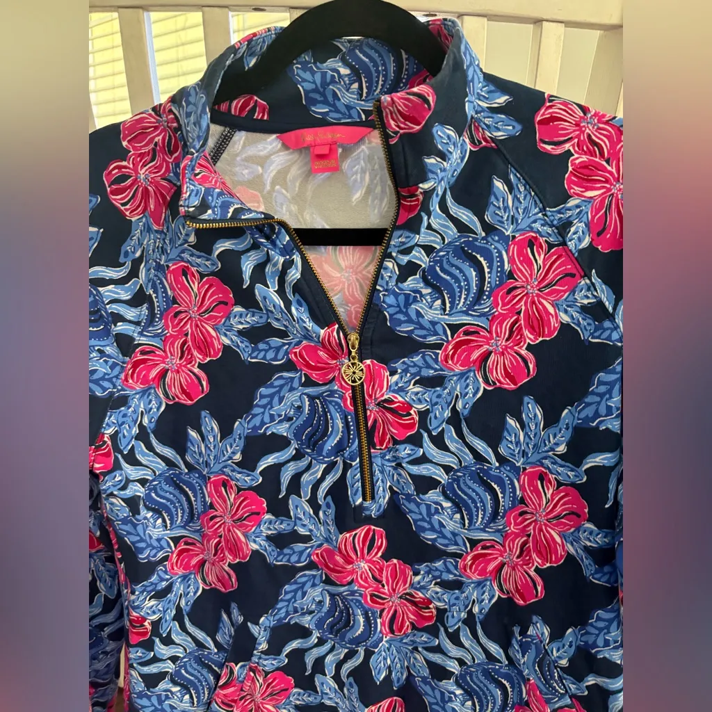 Lilly Pulitzer Navy Floral Quarter-Zip Sweatshirt - Image 3