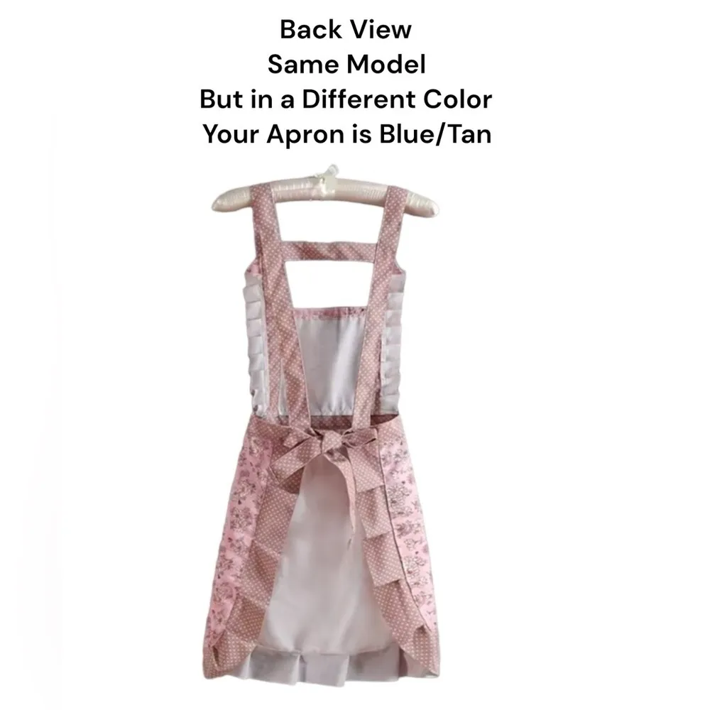 Apron Retro Bib Style Adjustable Waist Tie Ruffle Floral Polka Dot Womens Blue - Image 7