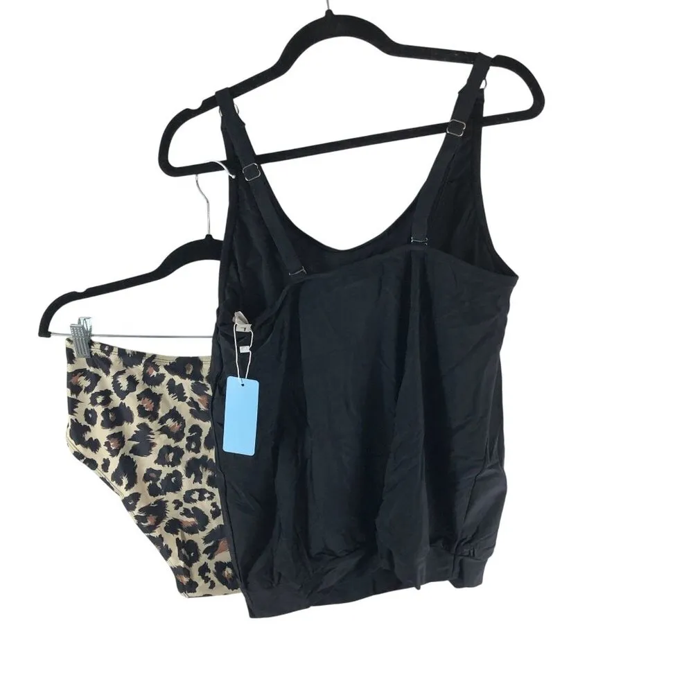 Yonique Tankini Set Gathered Hem Shelf Bra Removable Cups Brief Leopard Black L Size L - Image 2