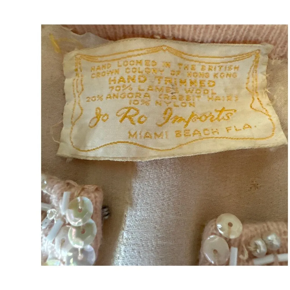 Vintage Jo Ro Imports Angora Lamb Wool Beaded Sequin pink white Cardigan small - Image 11