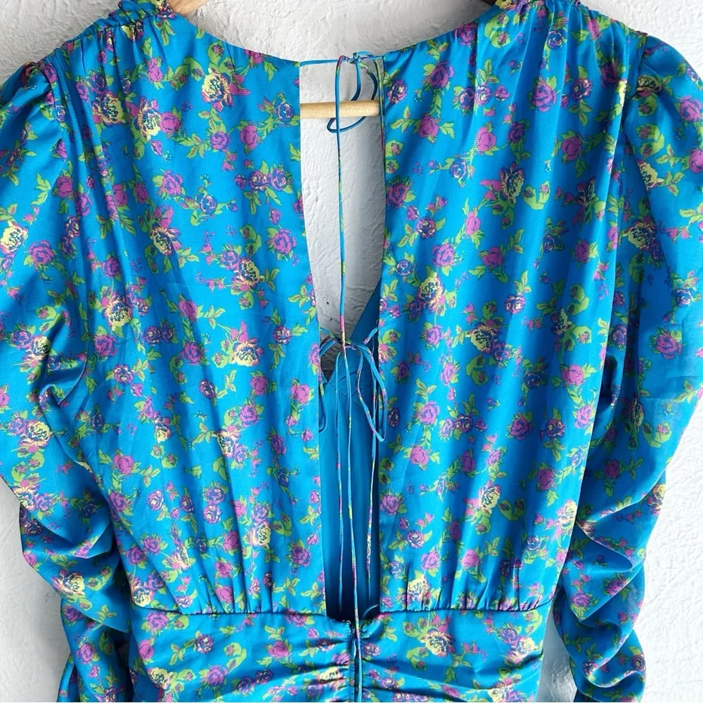 For Love & Lemons Bahama Mini Floral Dress Blue Long Sleeve Sz Large - Image 6