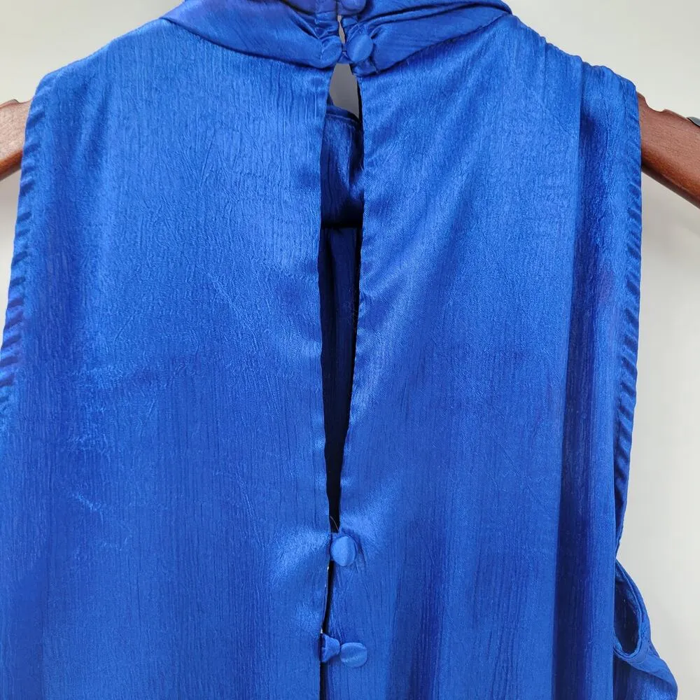 VTG Womens Jumpsuit M Shiny Royal Blue Shirred Button Belted Sleeveless Keyhole Size M - Image 8