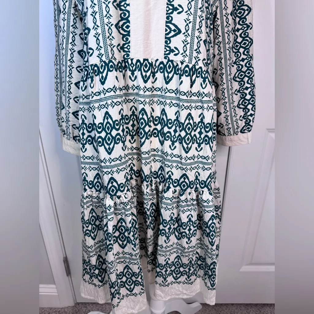 Figueroa & Flower Boho Cottagecore Tiered Midi Dress L — Cream & Teal Split Neck - Image 6