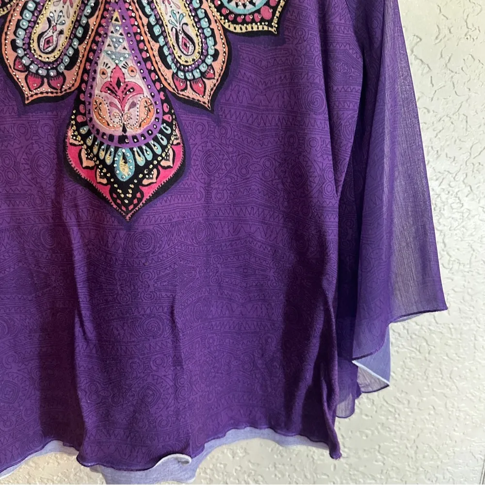 Chico's Purple Tunic Top Embroidered & Rhinestone Accents 3/4 Bell Sleeve Size 1 - Image 6