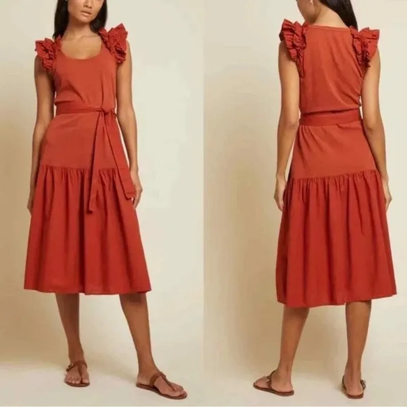 Nation LTD Everly Frilly Ruffle Strap Tiered Cotton Midi Dress Cayene Red Small - Image 2