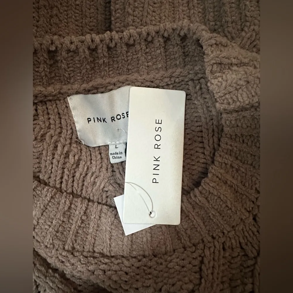 NWT Pink Rose Brown Chunky Knit Thick Ribbed Cuff Crewneck Stylish Sweater Sz LG - Image 3