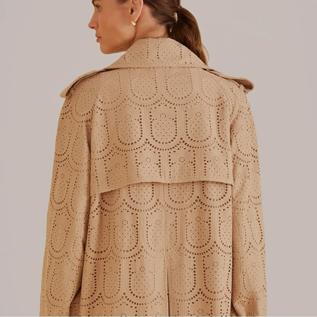 Farm Rio Khaki Pineapple Cotton Eyelet Trench Coat Size Large Neutral Bohemian - Image 8