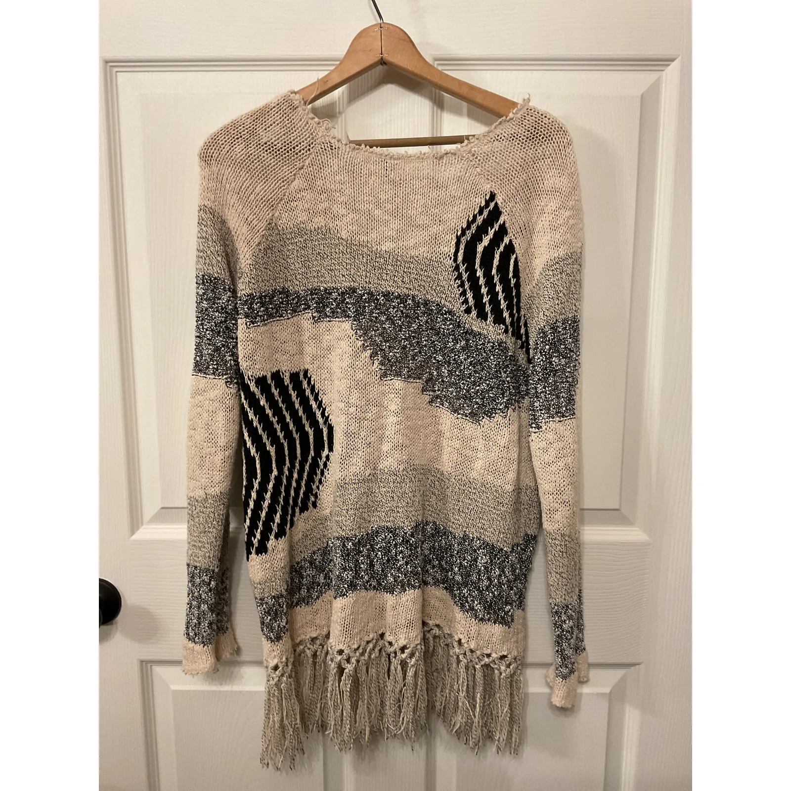 Free People Patchwork Landscape Boho Open Neckline Fringe Sweater, S - Image 7