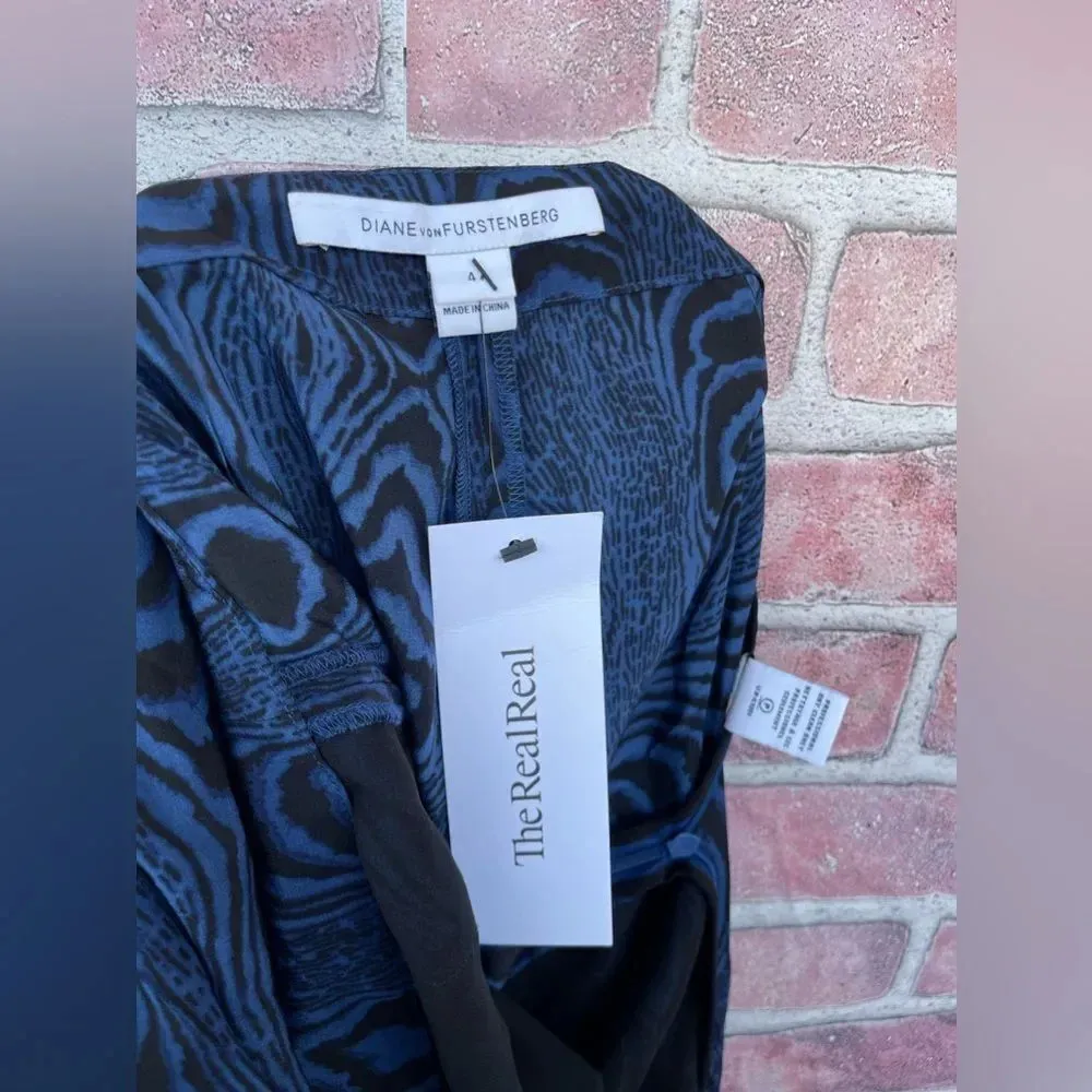 Diane von Furstenberg Blue Black Wood Grain Print Silk Jumpsuit Sz 4 - Image 16